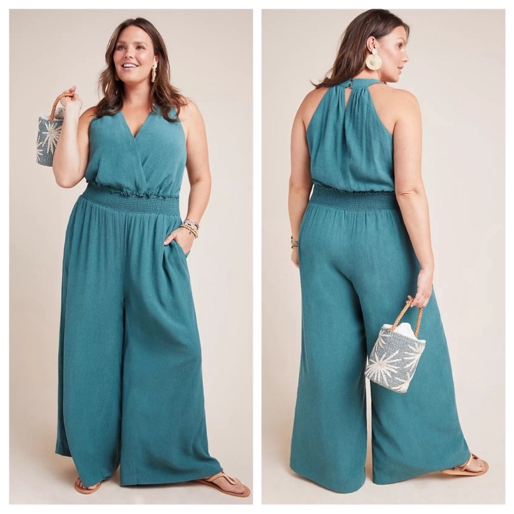 ANTHROPOLOGIE | Boinda Plisse Smocked Waist Wide Leg Jumpsuit- Teal - size small